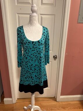 Diane Von Furstenberg Teal and Black Long Sleeve Scoop Neck Dress